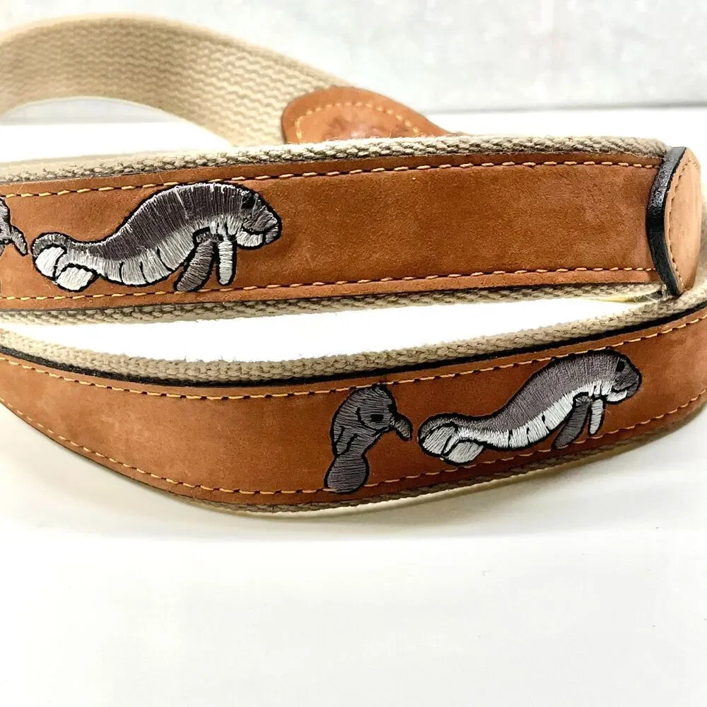 Vtg Zeppelin Mens Manatee Tan Brown Leather Belt Size 46 XL Nautical Brass USA